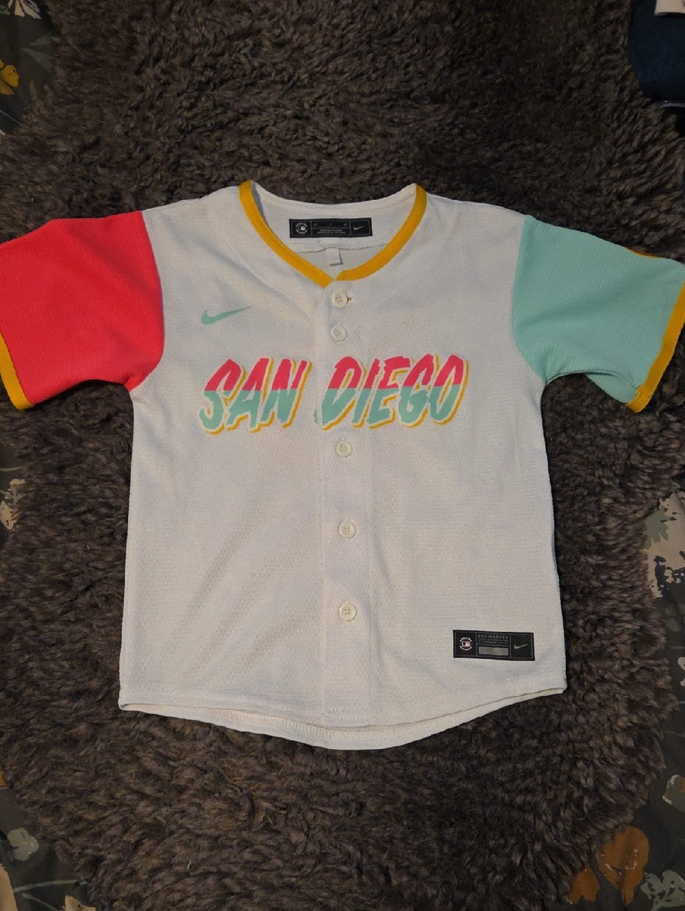 Nike Padres City Connect Baseball Jersey with Coral & Mint Colorblock Sleeves